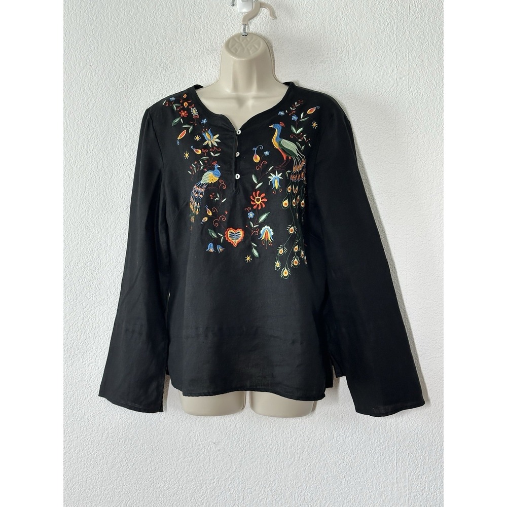 Willi Smith Linen Top Black Embroidered Peacocks Both Sides Slit Flare Sleeve L